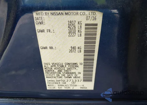 2016 Nissan Altima 2.5 Sr from USA, damaged, VIN 1N4AL3AP7GC271337